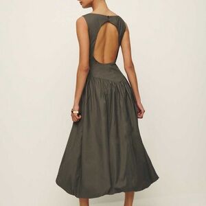 NWT Reformation Elvira Open Back Midi Dress Green Organic Cotton Sz 2 Bubble Hem